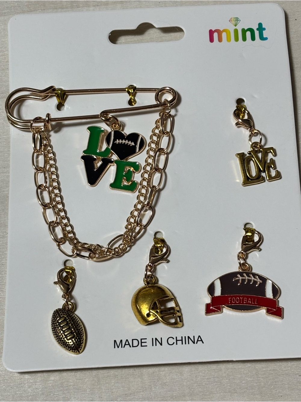 Football Charm Brooch Pin Set with 4 Interchangeable Charms